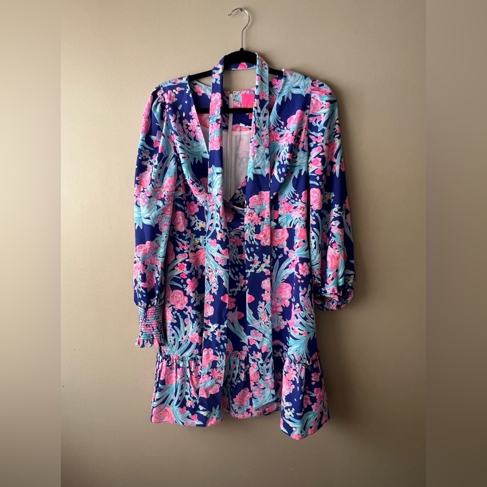 Lilly Pulitzer Navy Floral Tie Belt Dress w/ Pink and Aqua Rosie Toucan Party